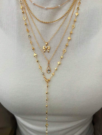 5pcs Y-Shaped Necklace Set, Fashion Minimalist Elegant Vintage Design With Bow, Water Drop, Heart, Rhinestone, Faux Pearl, Tassel Pendant, Y-Necklace, Suitable For Holiday, Party, Daily Wear, Gift