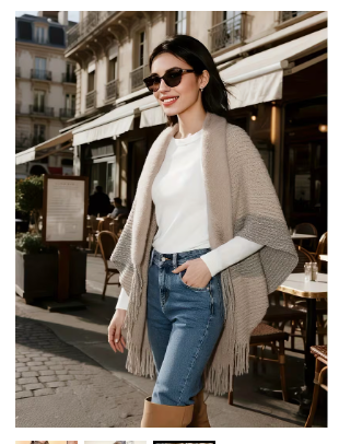 1pc Women's Elegant Loose-Fit Batwing Poncho Cardigan with Fluffy Collar Shawl