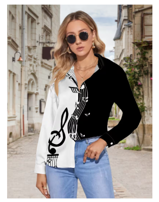 This New Women'S Casual Long-Sleeve Shirt Features a Saxophone Silhouette Created from Musical Notes