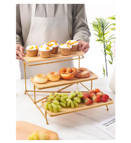 3 Tier Metal Serving Tray Set Platters, Home Display Rack, Reusable Serving Tray, Kitchen Food Fruit Display Dessert, Freestanding Home Storage Rack for Party with Collapsible Sturdier Stand