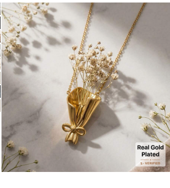 1pc Unique 3D Wrapped Flower Bouquet Pendant Necklace, Gold Plated Stainless Steel, Chic Statement Jewelry For Women