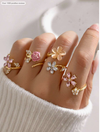 4pcs/Set Lovely Pink Rose Flower Adjustable Rings, Faux Pearl Diamond Decor Five-Petal Floral Ring Set For Women