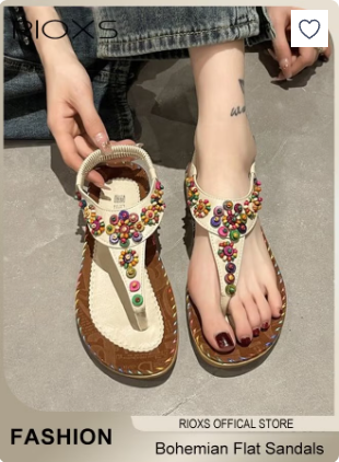 Flat Sandals for Women, Bohemian Beaded Flip Flop Sandals, Fashion Thong Sandals for Women, Classic Ankle Strap Beach Sandal, Slip-on Flats Open-toed Shoes for Ladies, Comfort Summer Sandals for Vacation/ Shopping/ Walking/ Daily Wear, Casual Sandals Brow