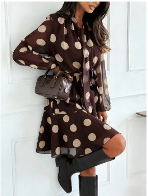 Women's Fashionable and Elegant Vintage Polka Dot Print Short Long-Sleeve Dress