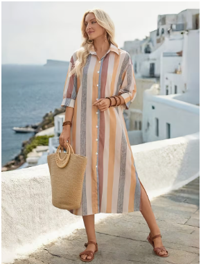 Elegant Women's Vacation Casual Striped Shirt Long Dress