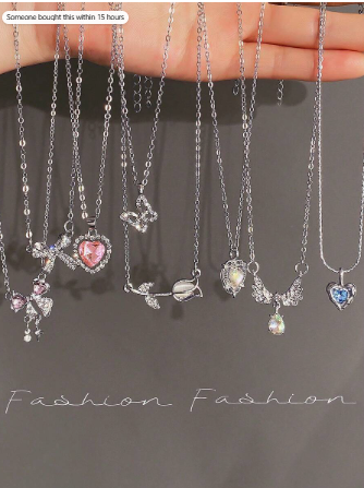 5-8pcsY2K Fashion Crystal Heart, Butterfly, Tulip, Bow Pendant Necklace Set, Shiny Jewelry Gift For Women, Suitable For Valentine's Day Party
