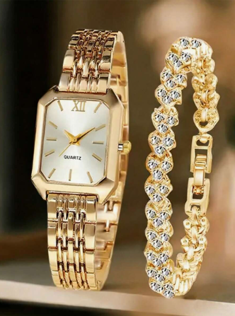 2PCS Women's Gold Watch And Bracelet Set, Vintage Square Minimalist White Dial With Roman Numerals, Stainless Steel Metal Band, Matching Heart-Shaped Rhinestone Bracelet, Elegant And Luxurious, Perfect Gift For Girlfriend, Best Friend, Graduation Season, 