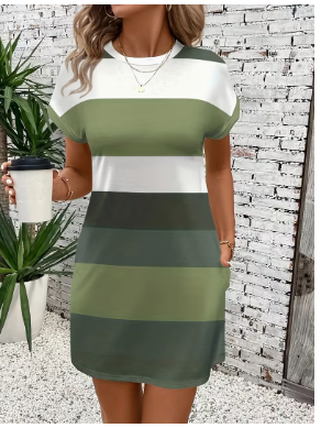 Summer New Minimalist Olive Green Color-block Printed Stripe T-shirt