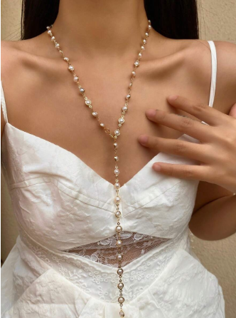 1pc Golden/Silver Women's Party Long Necklace, Y-Shaped Chain For Deep V Neck, Bling Bling Pendant Accessory, Suitable For Daily Wear, Vacation, Festival, Anniversary, Birthday Gift, Bohemian, Elegant, Luxurious, Minimalist, Fashionable, Sexy, Cute