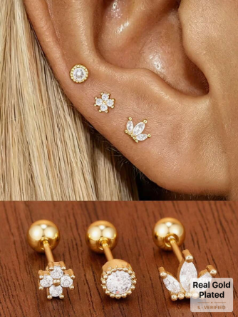 3PCS 18K Gold Plated Stainless Steel Tragus Piercing Helix Stud Earring Set For Women Heart Petal Ear Piercing Earring Fashion Jewelry