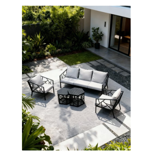 Modern Outdoor Patio Furniture Outdoor Sofa set Black Metal Frame Garden Sofa & Hexagonal Coffee Tables for Luxury Villa, Garden & Terrace