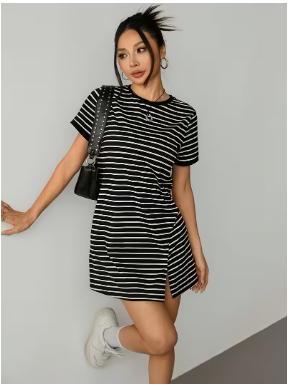 Classic Black & White Striped T-Shirt Dress 