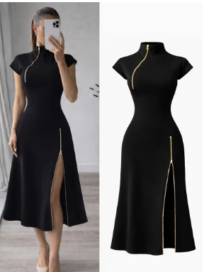 Elegant Ladies Black Golden Zipper Detail Slim Fit Mid-Length Skirt