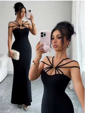 Elegant Multi-strap Metal Buckle Tube Top Cinched Waist Hip-hugging Mermaid Extra-long Dress