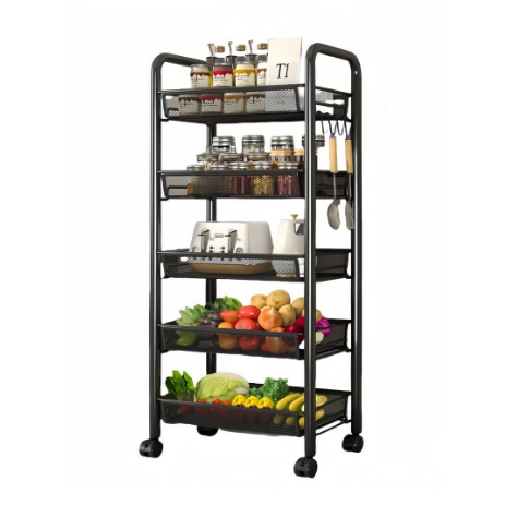 5-Tier Iron Storage Rack with Wheels – Heavy Duty Rolling Organizer Shelf for Kitchen, Pantry & Living Room