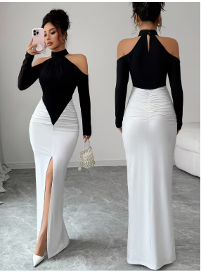 Women's French-Style Elegant Black & White Slim-Fit Bodycon Dress