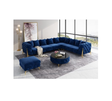 Golden-Legged L-Shaped Chesterfield Velvet Sofa Set: Luxury Traditional Living Room Blue COLOR