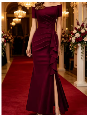 Elegant Off Shoulder Burgundy Formal Ruffle Mermaid Long Maxi Dress with Slit