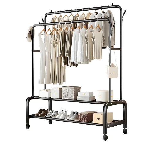 Heavy Duty Rolling Garment Rack – Double Rail Clothes Organizer with Storage Shelves, Lockable Wheels & Strong Metal Frame – Portable Closet for Home or Office (Black)