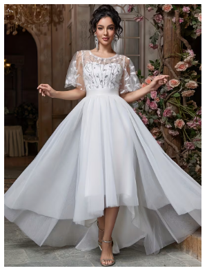 Women's Lightweight Wedding Gown, Sequin Embroidered Mesh A-Line A-Line Cutout Evening Dress