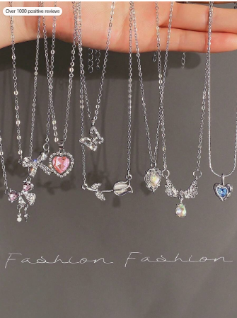 5-8pcsY2K Fashion Crystal Heart, Butterfly, Tulip, Bow Pendant Necklace Set, Shiny Jewelry Gift For Women, Suitable For Valentine's Day Party
