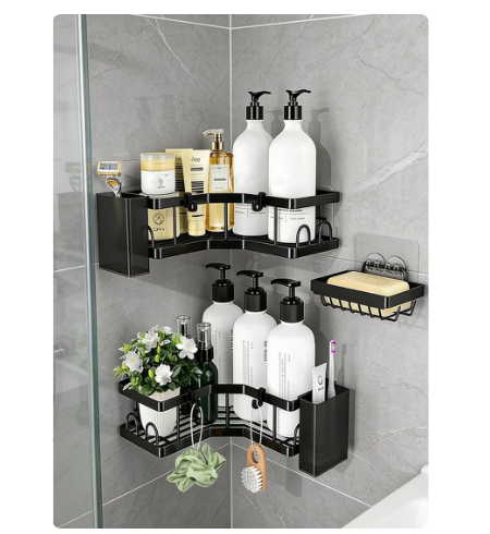 Shower Caddy 3 Packs, Bathroom Accessories Shelves for Bathroom Kitchen Storage, No Drilling Bathroom Shelves Corner Shower Caddy Rack with Hooks, Toothbrush Holder, Soap Holder