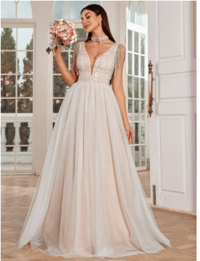 Elegant Deep V-Neck Lace Wedding Dress with Full-Length Train - Zipper Back Closure, Machine Washable Suitable