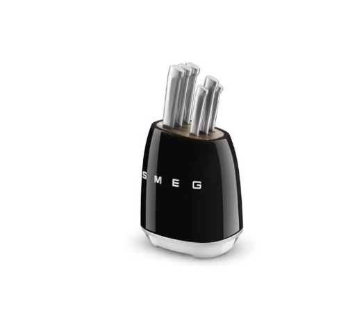 Smeg, Knife Block, KBSF02BL, 6 Knives Included Stainless Steel, Stainless Steel Block Body and Knife Slot in Acacia Wood, Black