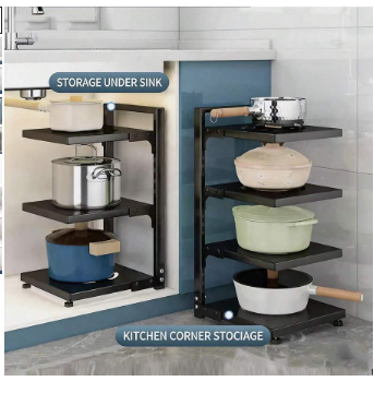 Adjustable Height 4-Tier Metal Pot Rack Storage Shelf - Space-Saving Kitchen Pot And Pan Organizer - Freestanding Pot Rack With Customizable Shelf Positions, No Electricity Required