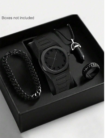 4-Piece Minimalist Casual Men's Quartz Watch Set, Featuring Dark Luxury Style Accessories Including Watch, Chain Bracelet, Necklace And Ring. Ideal As A Men's Gift Or Fashion Accessory, Suitable For Commuting And Creating A Stylish Look. Also A Perfect Ch