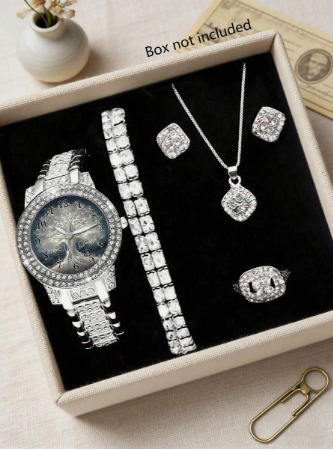 6PCS Featuring A "Tree Of Life" Themed Dial With Digital Markers, The Watch Is Adorned With A Bezel And Strap Fully Encrusted With Sparkling Rhinestones, Exuding An Aura Of Cool, Aristocratic Radiance. The Accompanying Jewelry Centers On A Design Of Squar