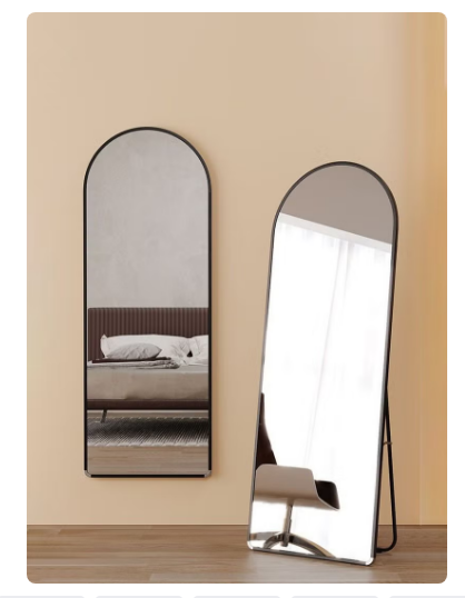 Modern Full Length Mirror Standing Hanging or Leaning Against Wall Floor Mirror Dressing Mirror Wall-Mounted Mirror Aluminum Alloy Thin Frame Black 60x165cm Oval Top Rounded Corner