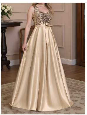 A Formal Evening Gown with Champagne Colored Elegant Party Sequins Spliced High Slit to the Thigh Back, a Fashionable French Wedding Dress