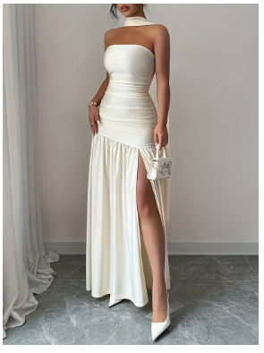 New Women's Fashionable Summer Solid Color Elegant Commuter Off-shoulder Flowing Long Dress 