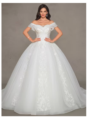 Luxury Off-the-Shoulder Lace Wedding Dress with -Neck Voluminous Train & Beaded Wais