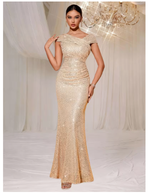 Women's Elegant Mermaid Dress Suitable for Weddings, Prom & Parties - Sparkling Sequin Neckline Mermaid Tail Dress 