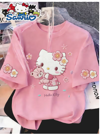 Sanrio "Hello Kitty Cherry Blossom Faux Embroidery" Pattern Women's Round Neck Short Sleeve T-Shirt