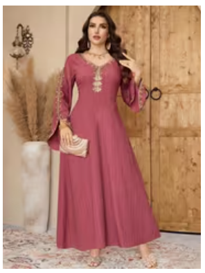 Women's Elegant Arabic Style -Line Maxi Dress with Lace Bell Sleeves & Round Neck 