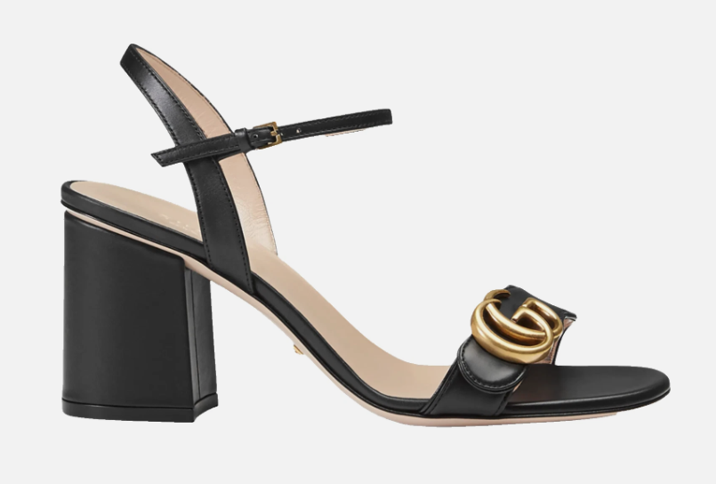 Gucci Marmont Black Leather Gold GG Logo Block Heel Ankle Strap Pump Sandal 40