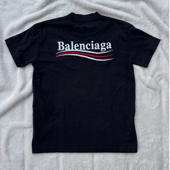 Balenciaga Black Distressed Embroidered Political Logo Tee - Small 