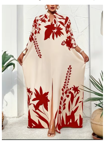 Plus Size, Autumn/Winter Plus Size Botanical Print Elegant Dress